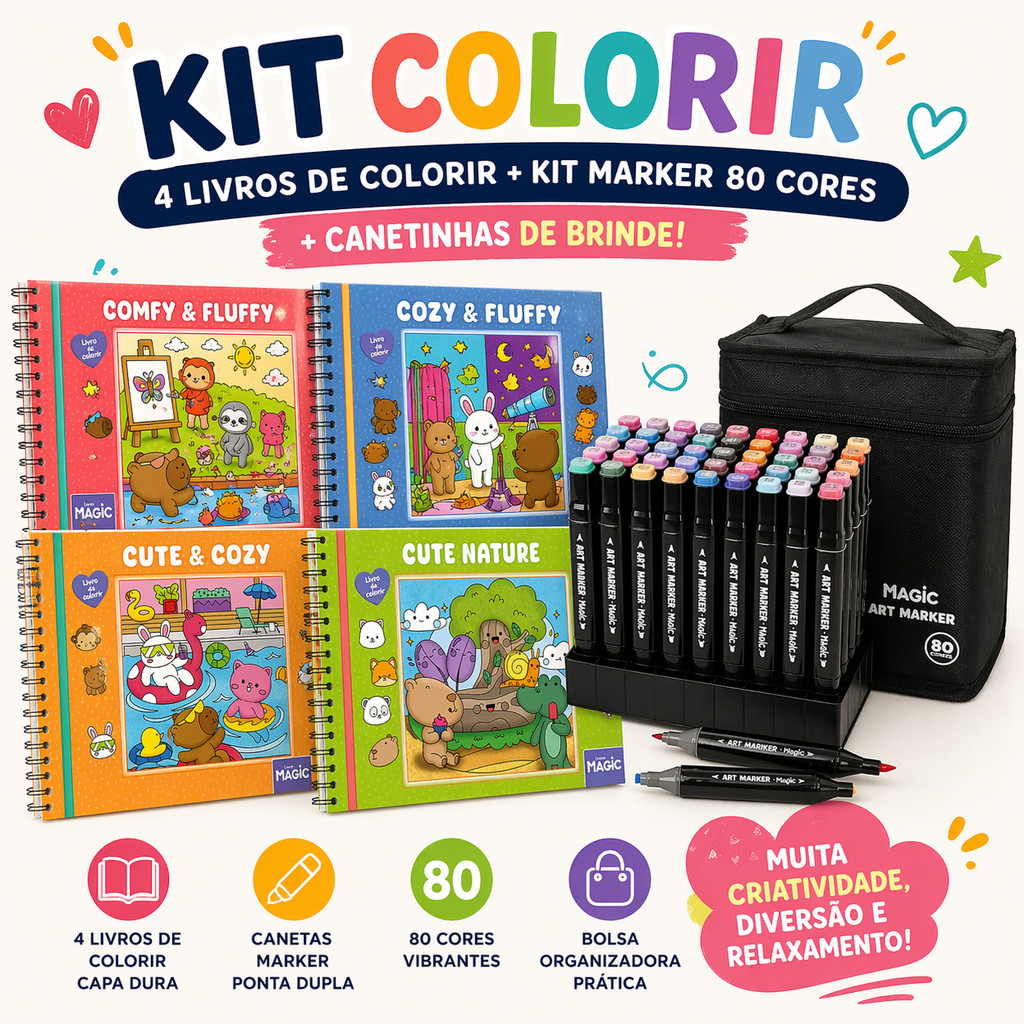 Mega Kit Colorir Capa Dura + 80 Canetinhas de Brinde