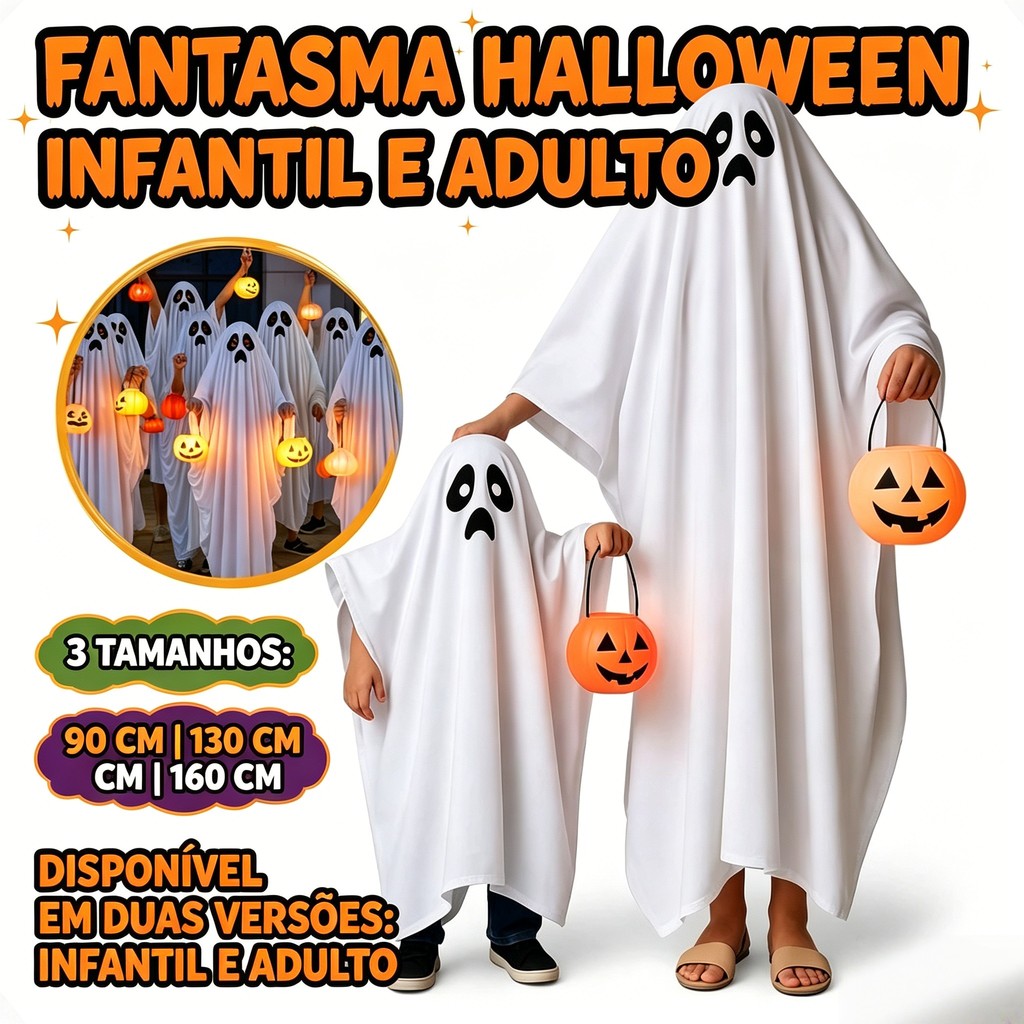Fantasia Capa BRANCO Fantasma Infantil e Adulto Assombração Assustador Halloween-90/130/160Cm
