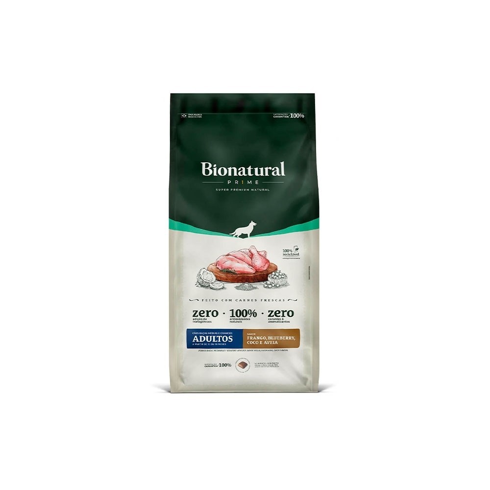 Ração Bionatural Prime 20Kg Cães Adultos Raças Médias e Grandes Frango, Blueberry, Coco e Aveia