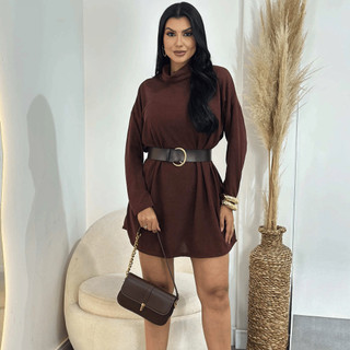 Vestido Feminino Gola Alta Manga Longa Lanzinha Inverno Casual Elegante Poncho Pimenta Rosa