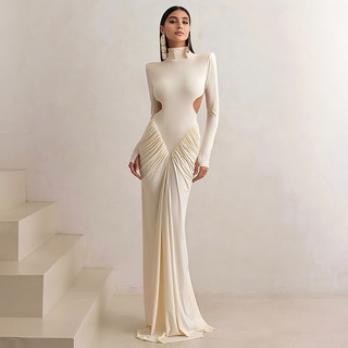 Vestido Feminino de Manga Longa, Cor Sólida, Gola Alta, Ajustado, Plissado, Sem Costas 3MW8 DHCP