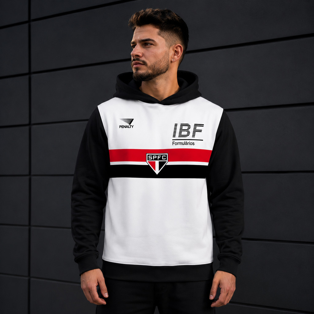 Moletom Full Capuz Fechado Estampa Time Futebol Branco Preto Vermelho Blusa de Frio Tecido Algodão