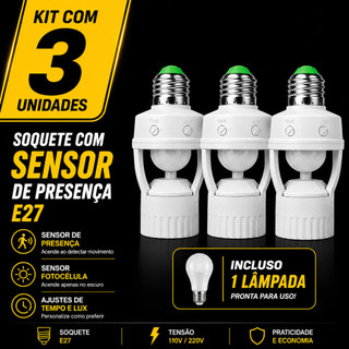 Kit Com 2/3 Sensor de Movimento INCLUSO LAMPADAS para cada Soquete E27 c/ sensor de presença Bivolt 110V220V Max 60W