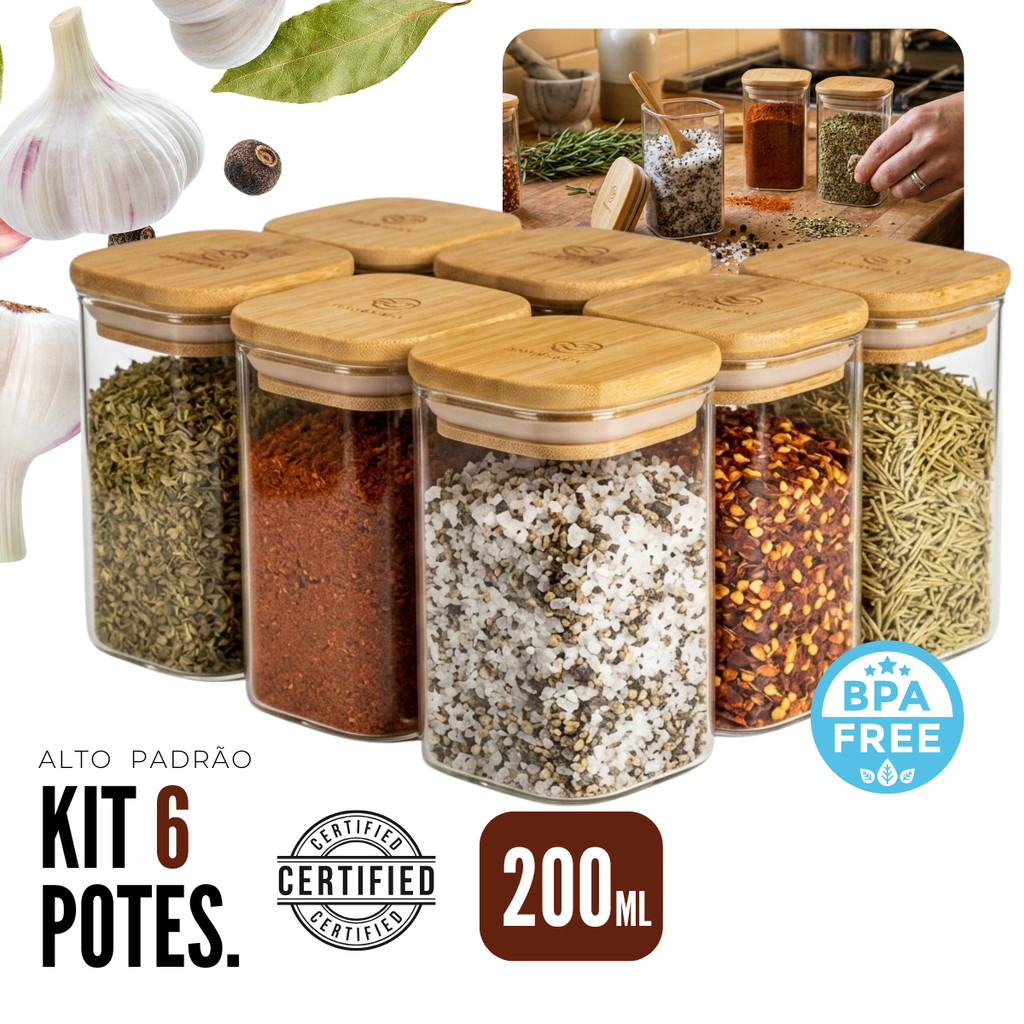 Kit Potes De Vidro Hermético Quadrado 200ml com Tampa de Bambu Ultra Premium Porta Condimentos 