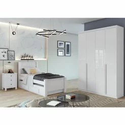 Conjunto Quarto de Solteiro Completo com Bicama Cômoda e Guarda-Roupa Branco