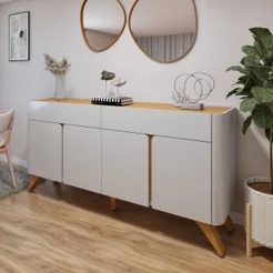 Buffet para Sala de Jantar 4 Portas 100% MDF 172cm Pés em Madeira Maciça Florença Off White/Naturalle