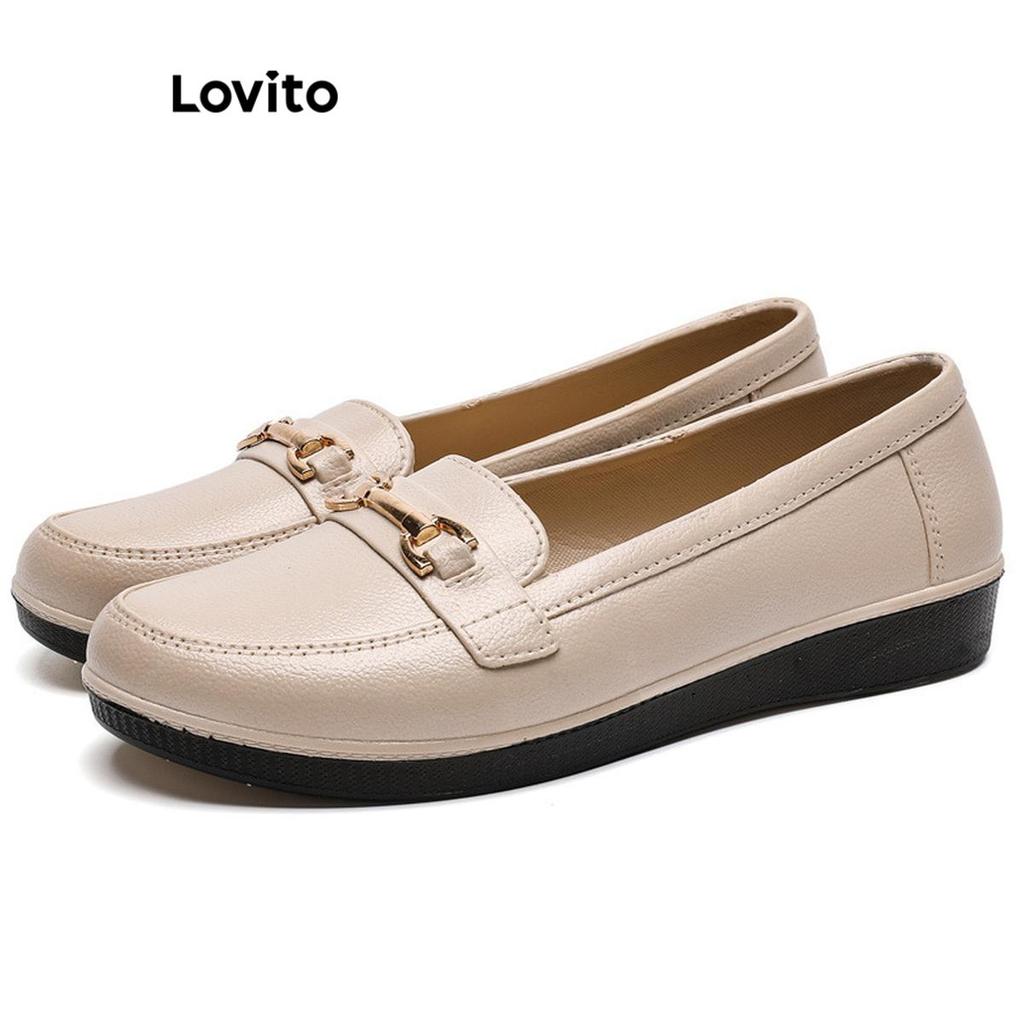 Lovito Elegante Sapato Mocassim Feminino Vintage Preto Impermeável para Trabalho