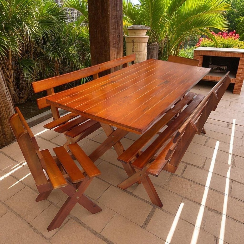 Conjunto Mesa de Madeira Maciça Rústica para Churrasco e 4 Bancos Marrom/Mel