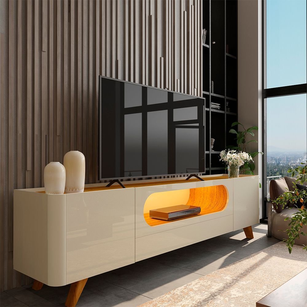 Rack para TV até 85 Polegadas com LED 100% MDF 209,5cm Pés em Madeira Maciça Nobre Branco Madeira Maciça