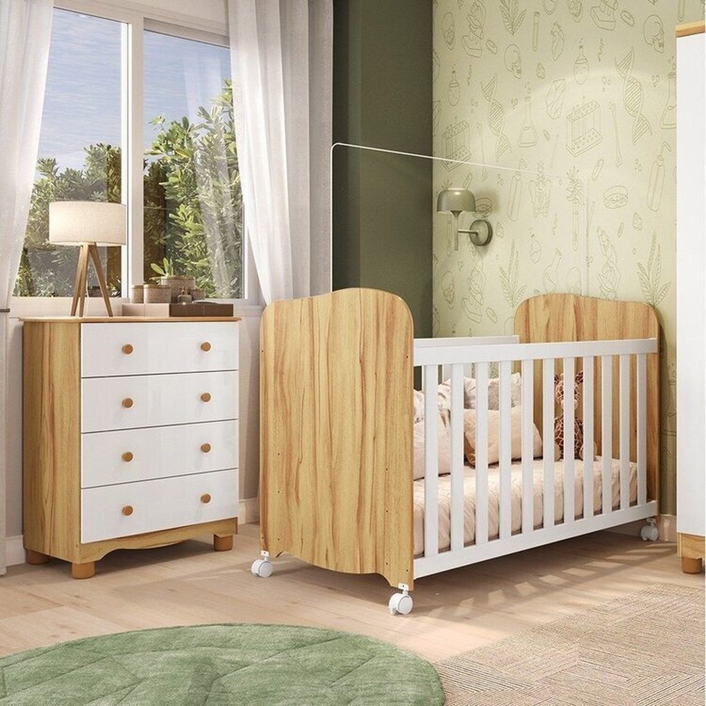 Quarto de Bebê Berço e Cômoda 4 Gavetas 100% MDF Mimo Espresso Móveis Branco Brilho/Amêndoa Branco Brilho/Amêndoa