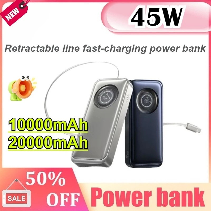 10000mAh Power Bank 45W Retrátil Embutido Tipo-C Cabo De Carregamento Rápido Par