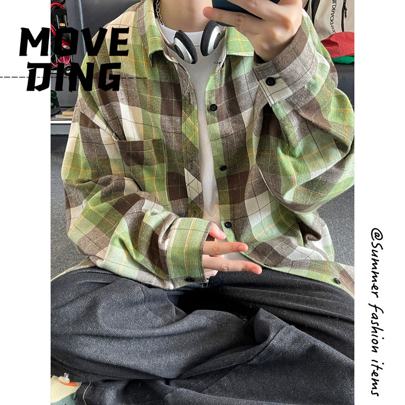 MoveDing Camisa Masculina De Manga Comprida Marca De Moda Americana Xadrez De Alta Qualidade