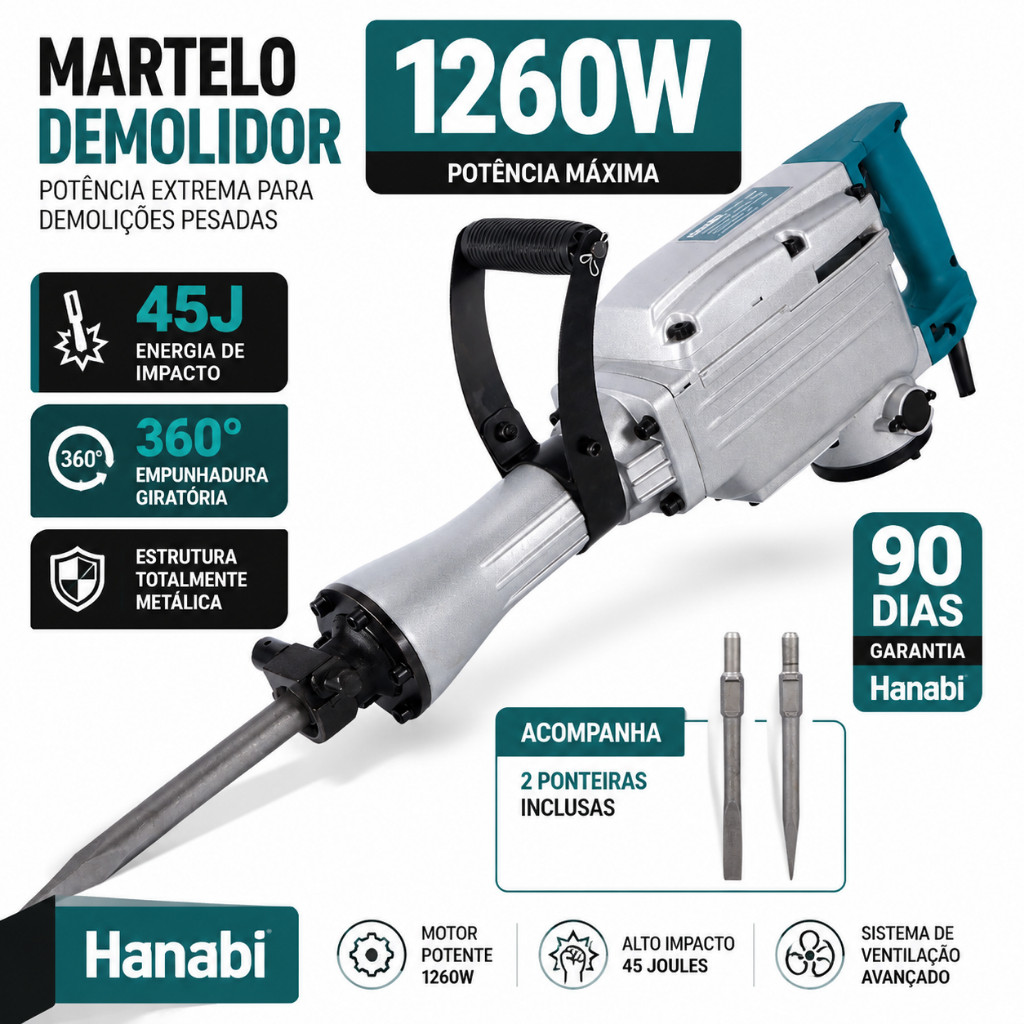 Hanabi Martelo Demolidor1260W 45J Profissional Rompedor Concreto Piso Pesado Com Maleta