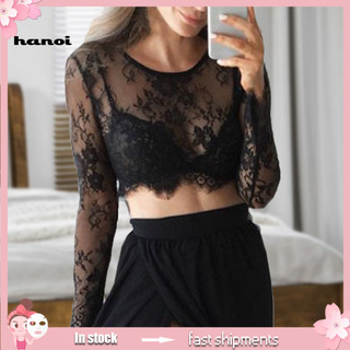 HAN_ Blusa Feminina De Renda Floral Transparente Com Gola Redonda E Manga Comprida Estampa Bordada