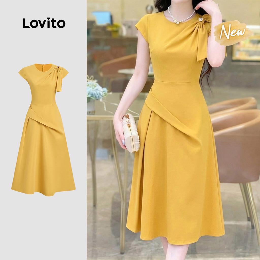 (New Arrival) Lovito Vestido Elegante Assimétrico Pregas Pérolas Primavera/verão