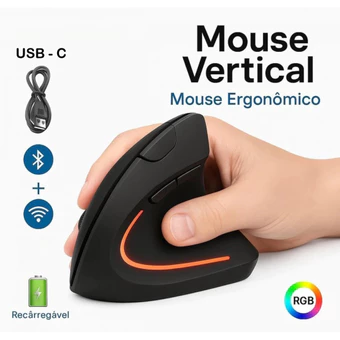Mouse Vertical Ergonômico Sem Fio Recarregável USB Bluetooth Silencioso Ortopédico Mão Direita PC Gamer Super