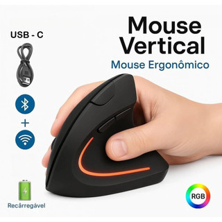 Mouse vertical sem fio recarregável, Bluetooth e USB (genérico, loja Click Tech)