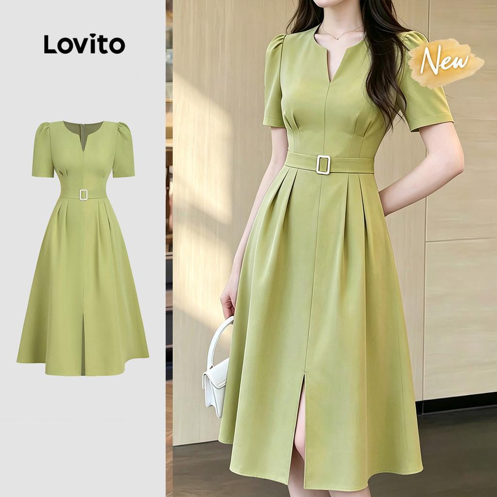 (New Arrival) Lovito Vestido Elegante Plissado com Cinto e Zíper Primavera/verão Turquesa para Mulheres L199ED588