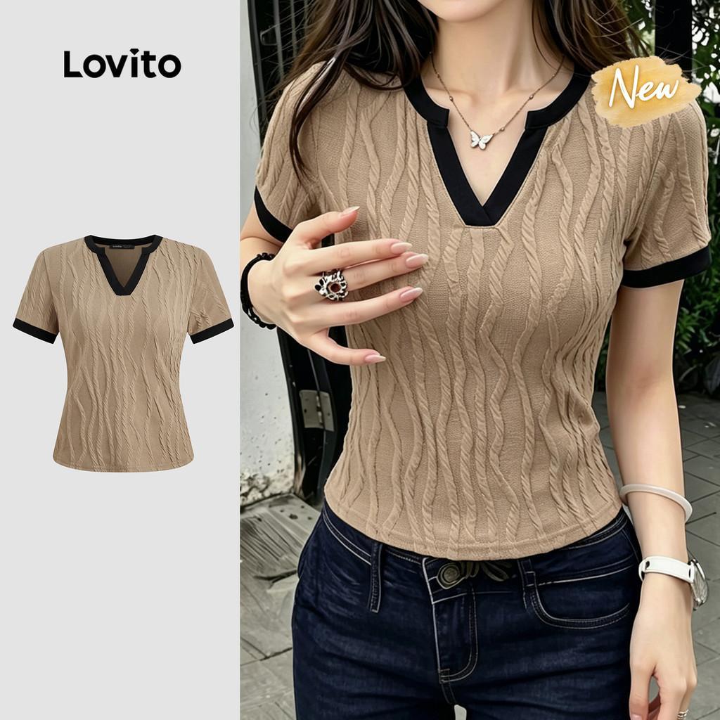 (New Arrival) Lovito Camiseta Elegante com Ombreio Contrastante Jacquard para Mu