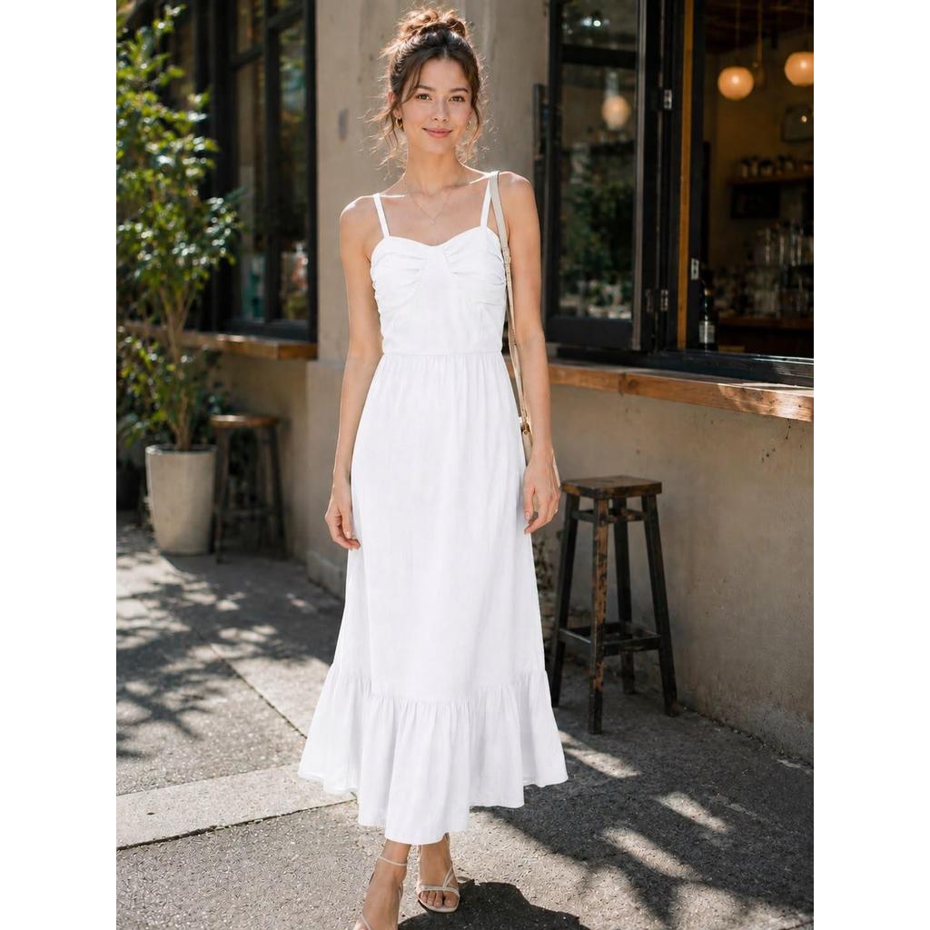 Vestido Longo Feminino Branco Alcinha Moda Verão Elegante Casual Soltinho Leve Confortável Praia Festa Dia a Dia