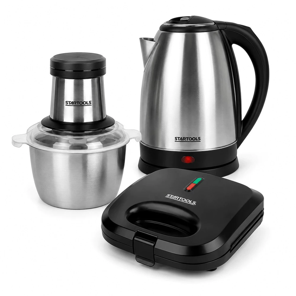 Kit Startools Cozinha 3 em 1 Mixer de Mão Elétrico Chaleira Elétrica Inox 2L Grill Sanduicheira Preta 110V