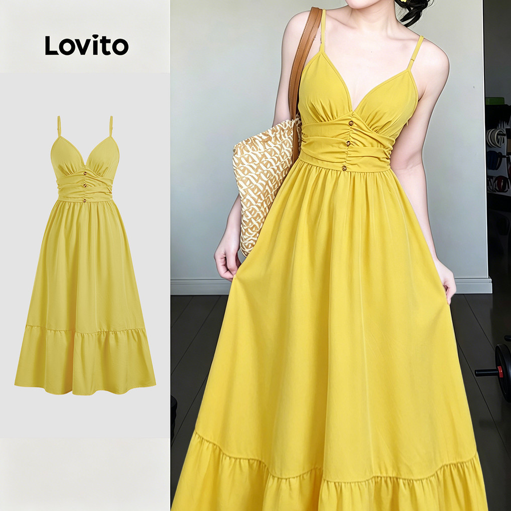 (New Arrival) Lovito Vestido Amarelo Feminino Casual Plissado Botão primavera/verão L196LD058