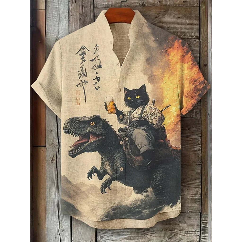 Camisa Masculina De Manga Curta Com Estampa De Gato E Dinossauro , top Masculino casual Elegante Estilo Férias , design 