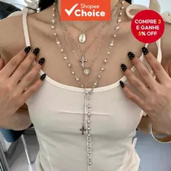 Feminino Y2k Cruz Charme Em Camadas Pérola Colar Longo Corrente , Retro Declaração Acessório