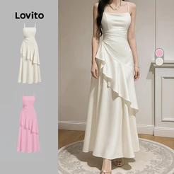 Lovito Assimetrica Elegante Vestido Casamento Formal Dama De Honra Babados Primavera/verão Sofisticado em Damasco Mulheres L171ED208