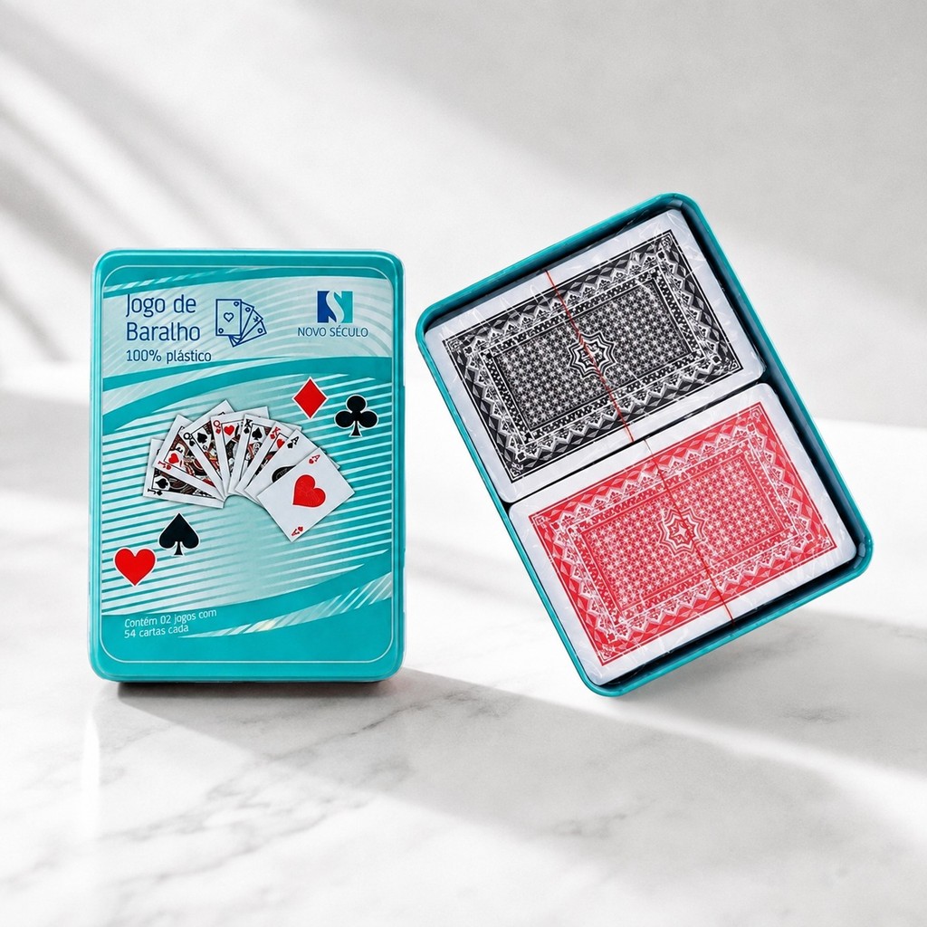 Jogo de Baralho 100% Plástico na Lata Com 2 Decks Preto Vermelho - Novo Século