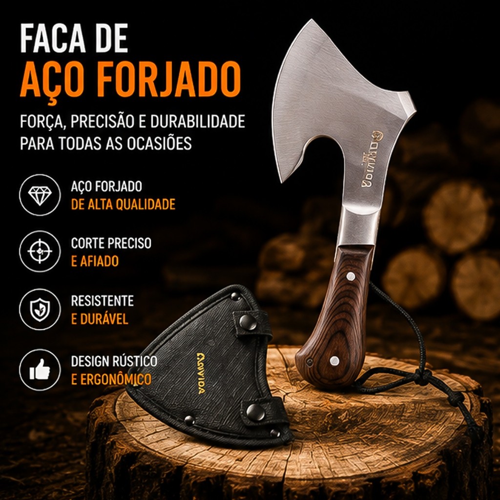 Machadinha de Aço Forjado Artesanal 23,5cm Profissional Com Bainha Cabo Ergonômico Churrasco Açougue