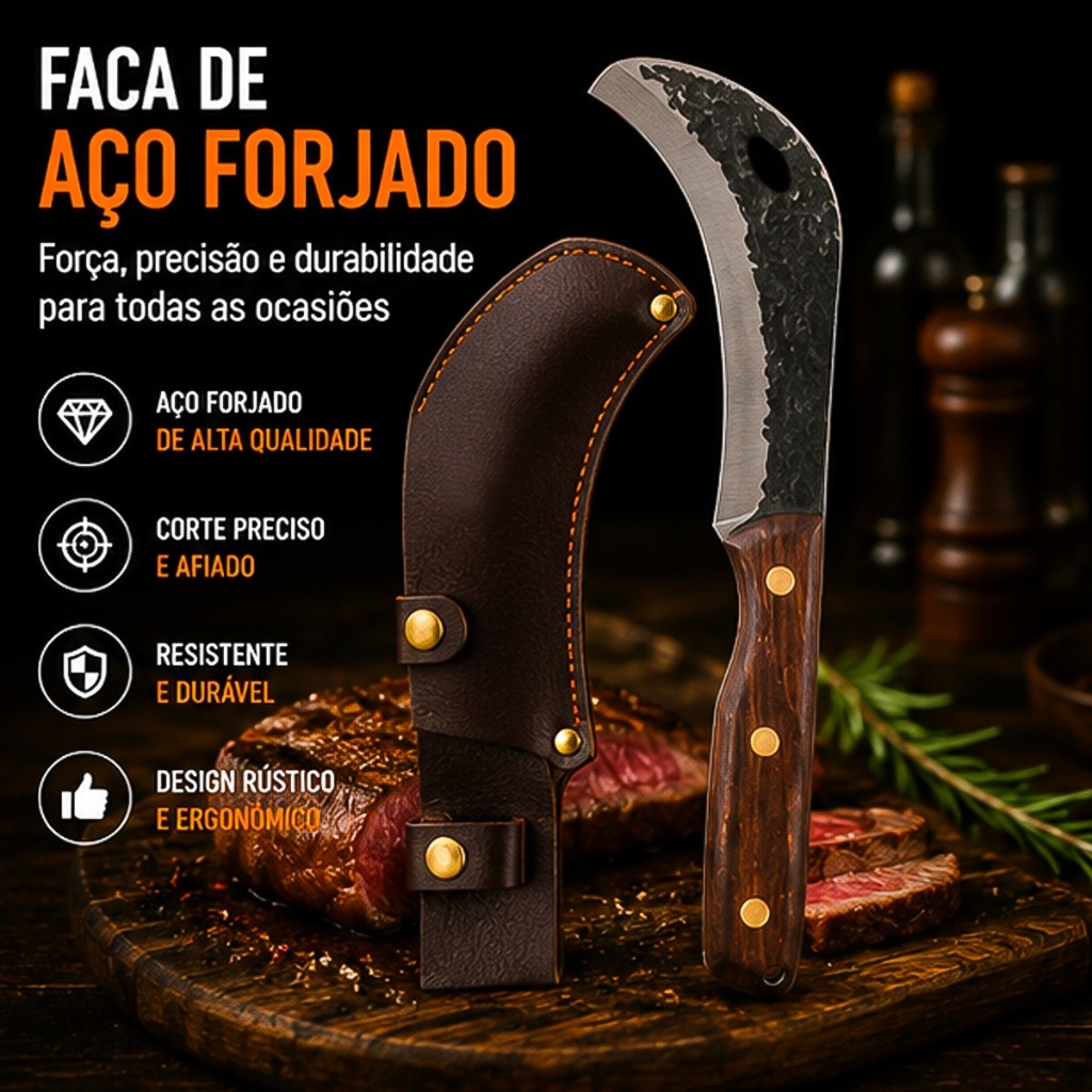 Faca Foice 29cm Para Jardinagem e Sobrevivência Aço Forjado Profissional Com Bainha Cabo Ergonômico