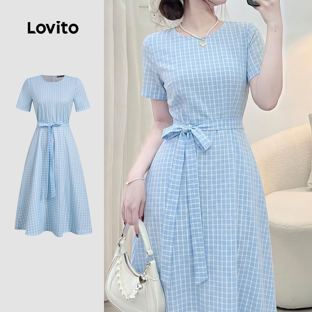 (New Arrival) Lovito Vestido Azul Assimétrico de Lazer Casual para Mulheres prim