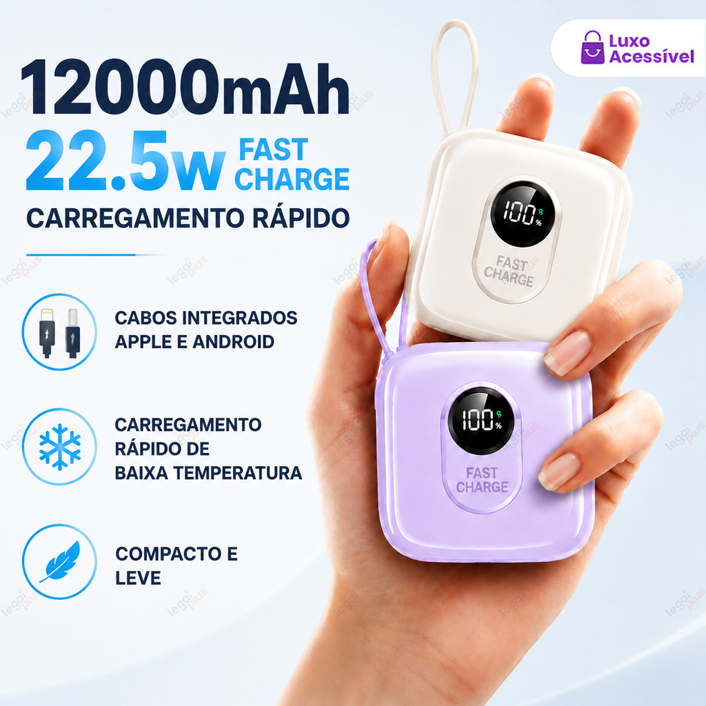 Carregador Portátil 12000mAh LED com Cabos Integrados, Compacto, Carga Rápida, Compatível com iPhone e Android