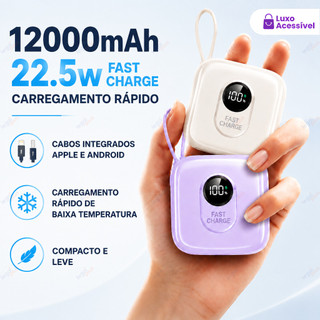 Carregador Portátil 12000mAh LED com Cabos Integrados, Compacto, Carga Rápida, Compatível com iPhone e Android