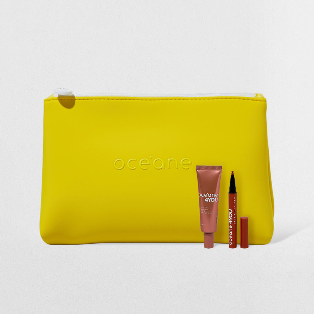 Kit Caneta Batom Nude + Blush Líquido Coral + Nécessaire Neoprene Amarelo 4you (3 Produtos)