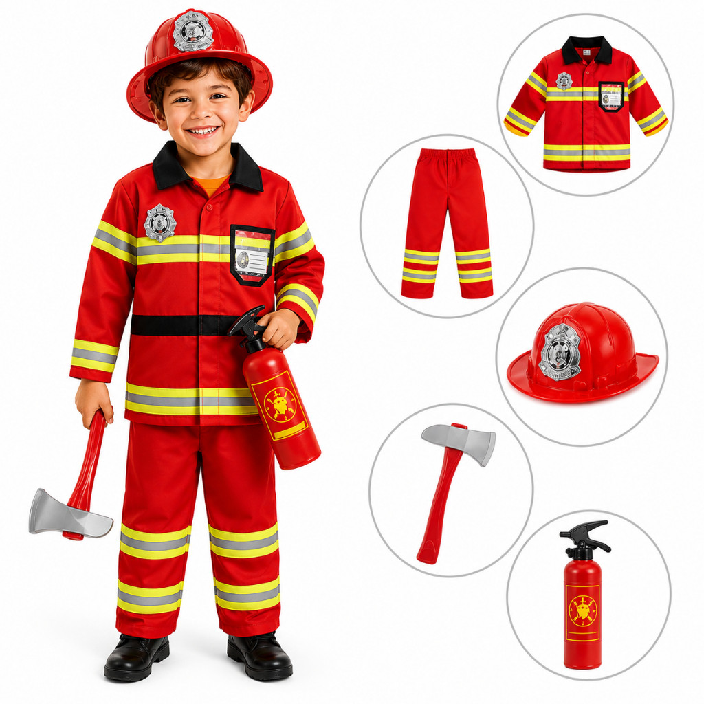 Kit Fantasia Completa Bombeiro Infantil Unissex 3-8 anos Festa Halloween Carnaval