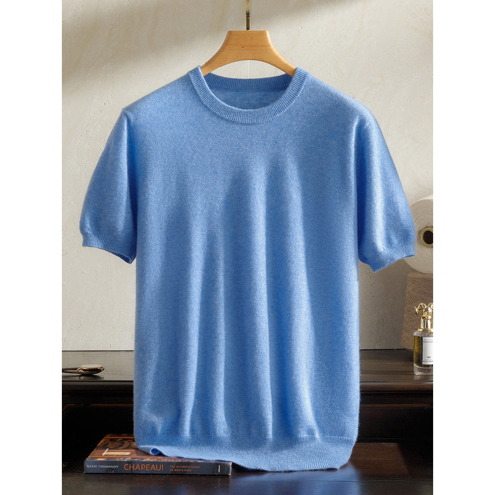 Camisa de caxemira masculina em torno do pescoço de manga curta camiseta 100% camisa de caxemira pura meia manga camisol