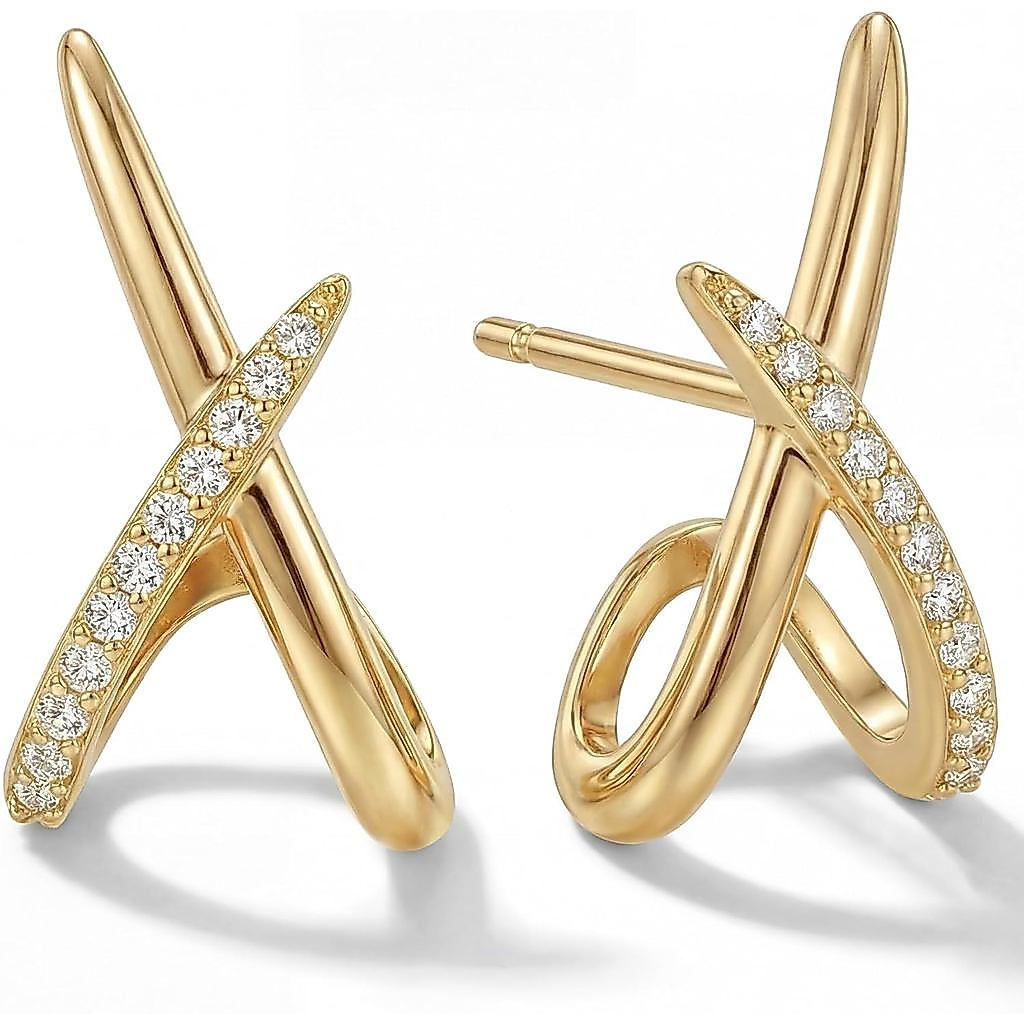 Brincos de Ouro Femininos, Brincos de Ouro 14K, Brincos Elegantes e Simples, Brincos de Ouro com Diamante de Zircônia Cú