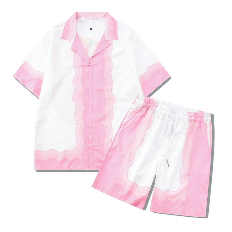[Novo produto] Cavalheiro Praia Camisa Casual Rosa Flor Branca Placa de Impressão Digital Retro Conjunto de Manga Curta