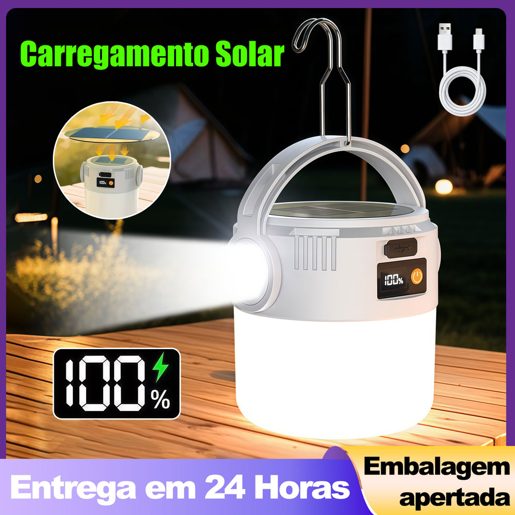 Lâmpada Solar Portátil Recarregável Luz de Emergência para Camping e Pesca com Gancho de Suspensão