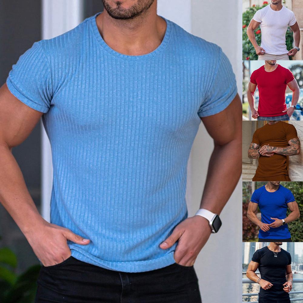 Novo europeu americano masculino de manga curta camiseta verão esportes Fitness lazer em torno do pescoço estiramento Ve