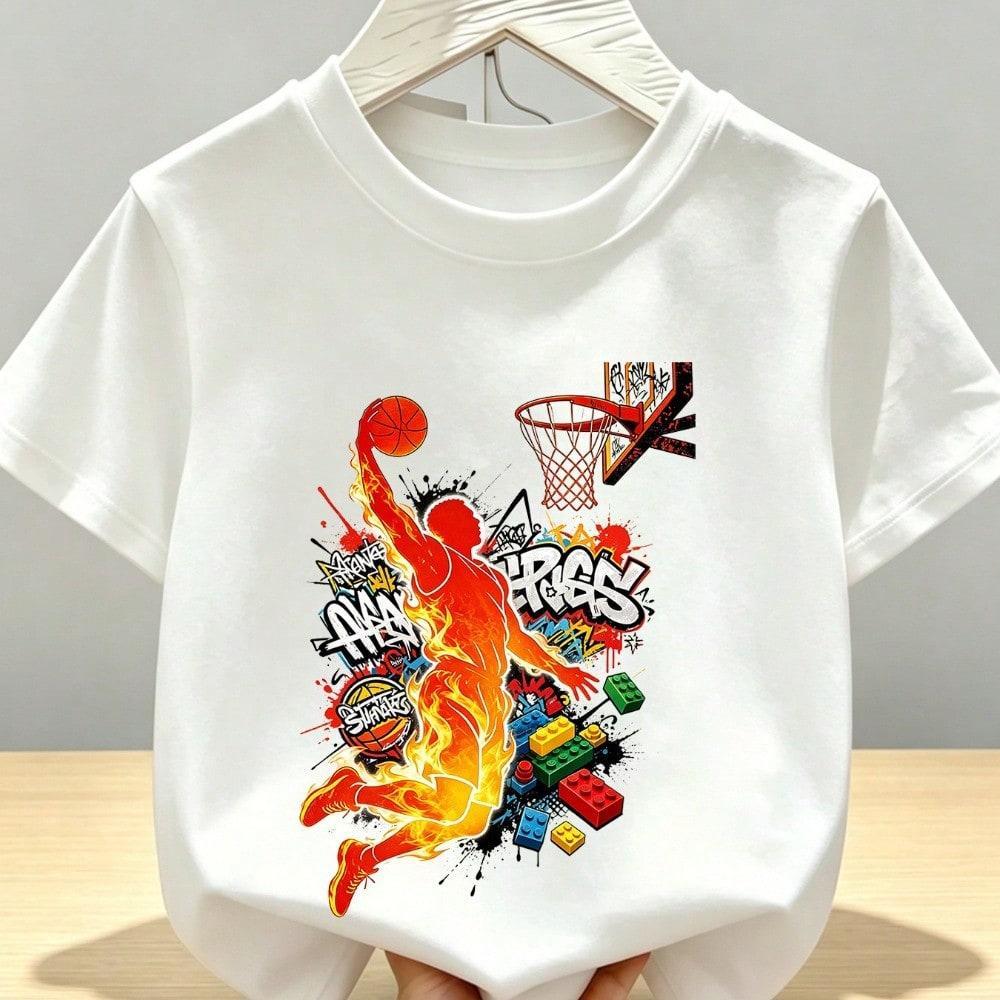 Camiseta Infantil 100% Algodão Estampada Jogador de basquete Pegando fogo look divertido Unissex