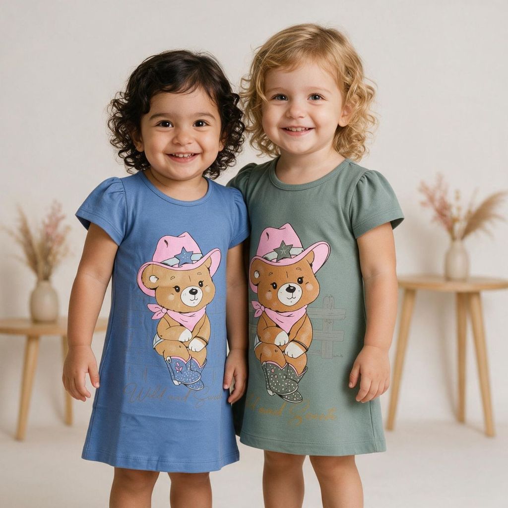 Kit Vestido Infantil Menina Feminina Roupa Vestidinho Estampado Manga Curta Moda Casual Kids Fashion
