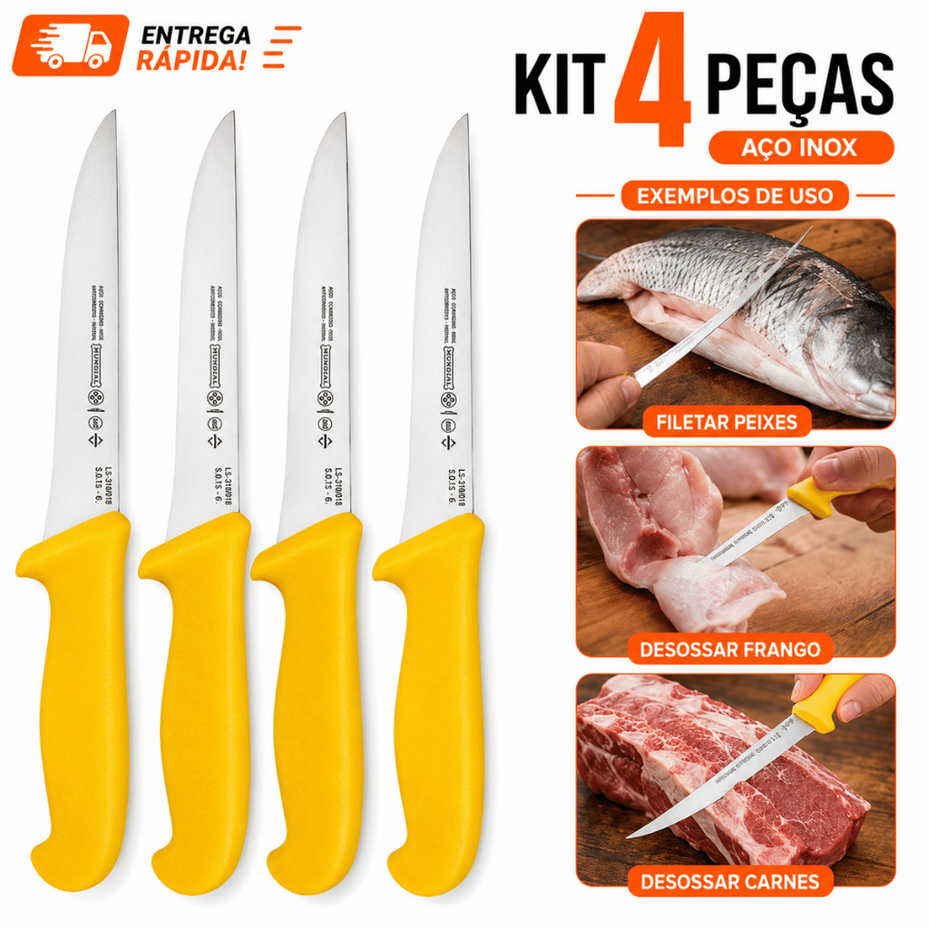 Kit 4 Facas para Desossar Profissional de 6" Polegadas Premium Corneta Lâmina em Aço Inox e Cabo Ergonômico Amarela