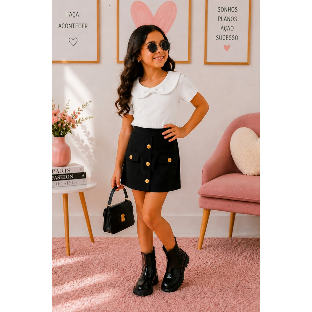 Conjunto 2 Peças Infantil Menina Short Saia Cotelê e Blusa Cropped Moda verão Calor dia a dia