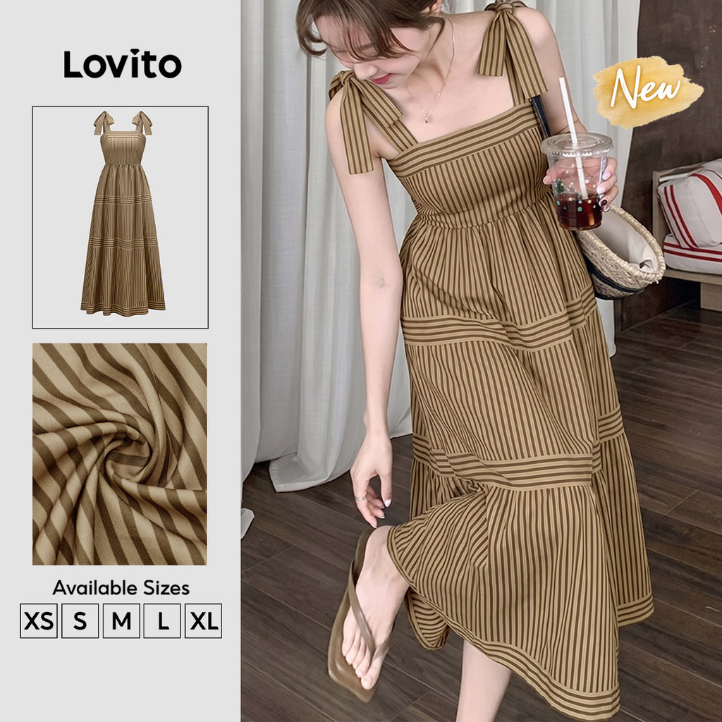 (New Arrival) Lovito Casual Geométrico Estrutura de Linha e Amarração Frontal para Cor Khaki LK4ED495