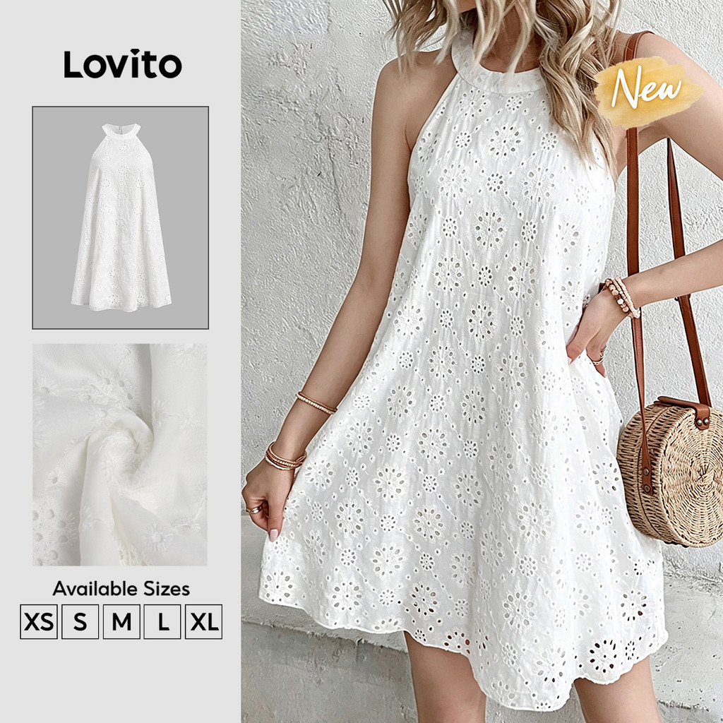 (New Arrival) Lovito Vestido Branco Feminino Alinha Com Bordado Floral Boho E Botões Para Primavera Verão Férias DRB201P1D508