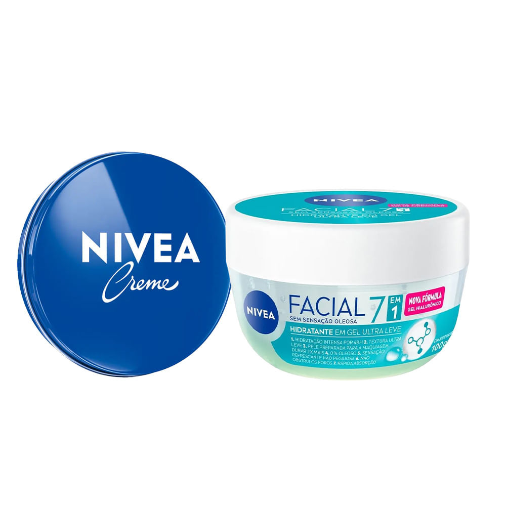 Kit Nivea Care Creme Hidratante Latinha Azul 56g + Hidratante Facial em Gel Ultra Leve 7 em 1 100g