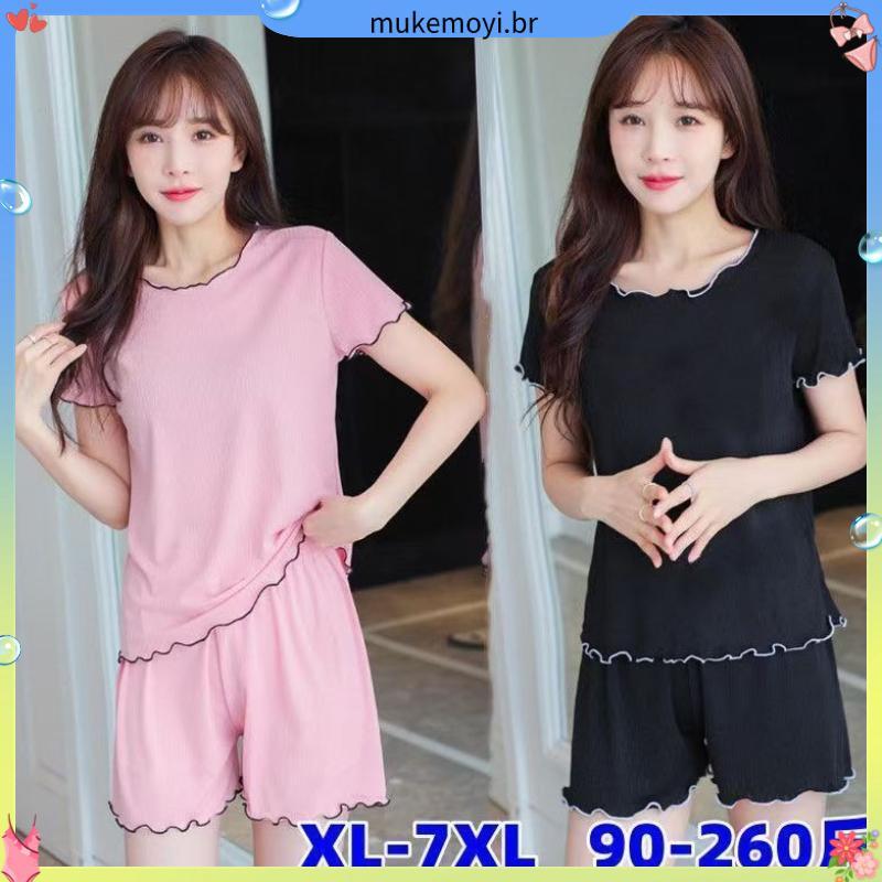 Conjunto de pijamas de seda gelo fino feminino verão conjunto de duas peças tamanho grande renda solta gordura mm Casual